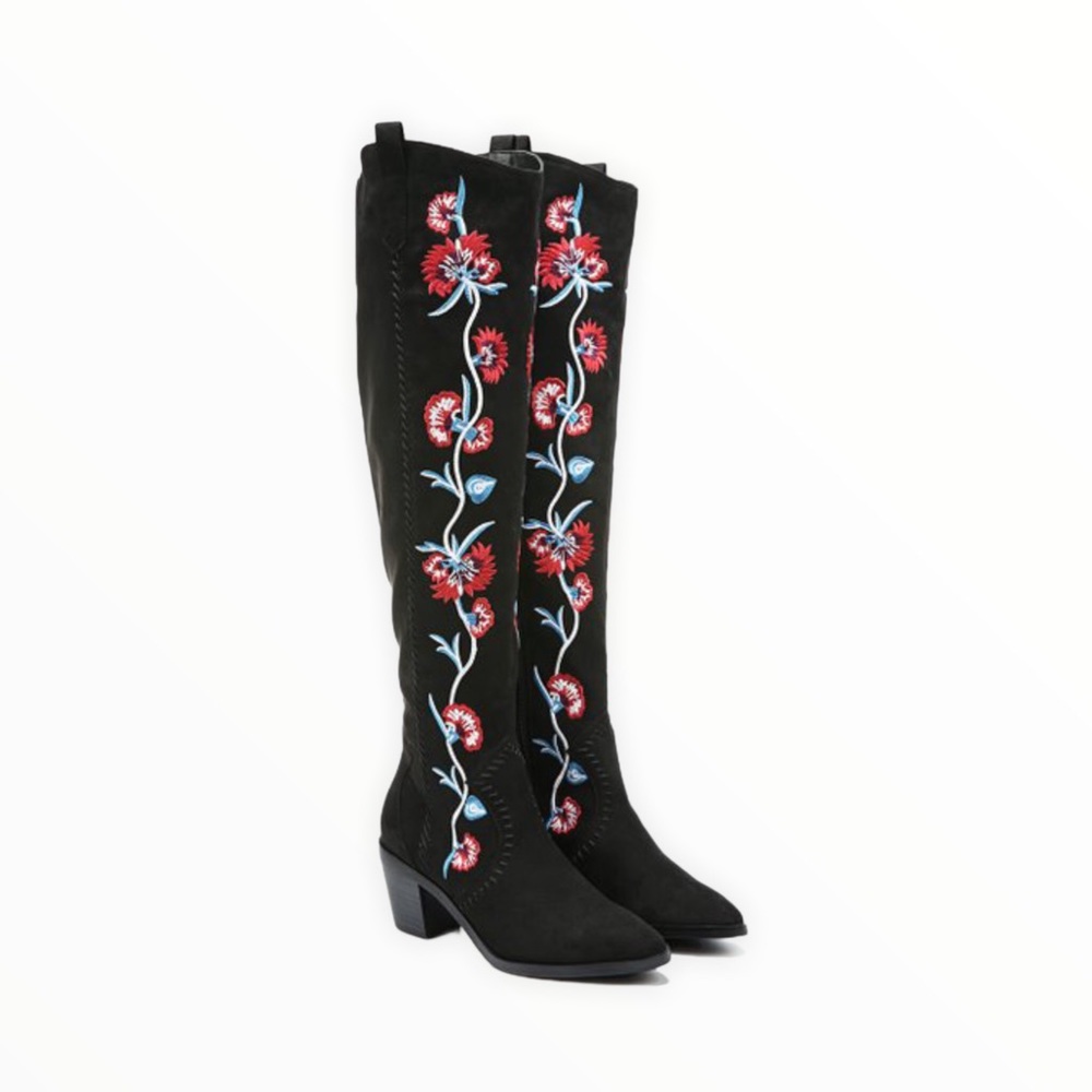 Carlos Santana Alexia Black OTK Over the Knee Boots with Floral Embroidery